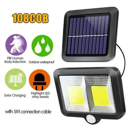 108 COB LED Bright White Solar LED Light With Split Solar Panel & Motion Sensor with Cable