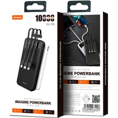 PowerBank 10000mAh Corded USB 2A With built-in Cable 3-in-1 for Charging
