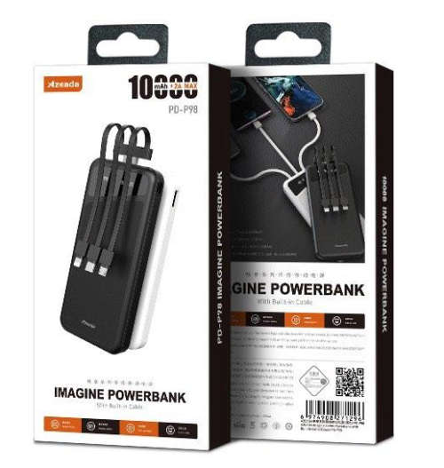 PowerBank 10000mAh Corded USB 2A With built-in Cable 3-in-1 for Charging