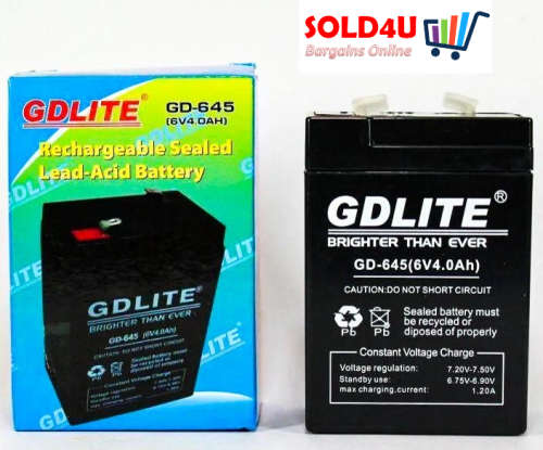 6V 4.0A Lead Acid Battery - 6 Volts 4 Amps Rechargeable Battery GD-645 GDLITE