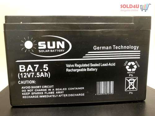12V 7.5Amps Sun Solar Lead Acid rechargeable Battery for UPS, Gate Motors, Garage Motors, Alarm etc