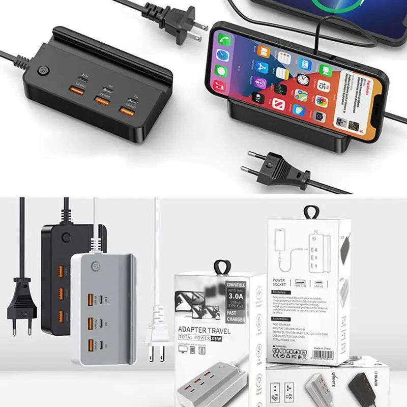 3 Ports USB + 3 Ports USB-C Type C Desktop Charger Adapter