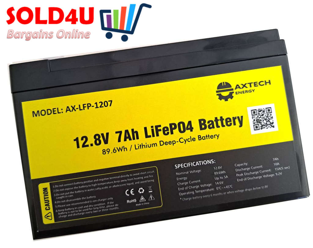 12V 7Ah AxTech Energy Lithium Battery (LifePO4) - Gate Motors - Alarms, CCTV long life