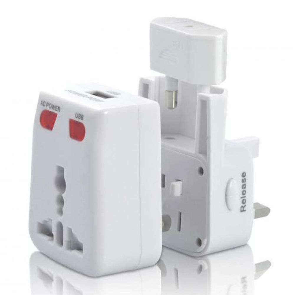 Universal Multi AC Adaptor - Universal 15A 3Way Travel Adapter - 3 Pin Plug with USB and Fuses T-034