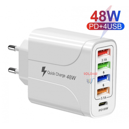 USB C Wall Charger 5 Ports 4XUSB+1XPD18W Fast Charging USB-C Charger TYPE-C Charger 48W