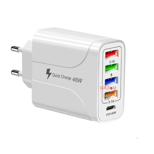 USB C Wall Charger 5 Ports 4XUSB+1XPD18W Fast Charging USB-C Charger TYPE-C Charger 48W