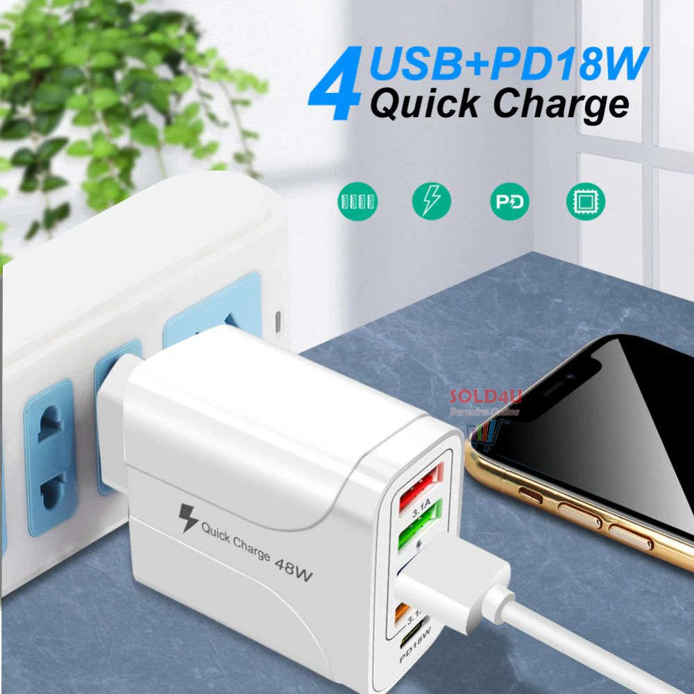 USB C Wall Charger 5 Ports 4XUSB+1XPD18W Fast Charging USB-C Charger TYPE-C Charger 48W