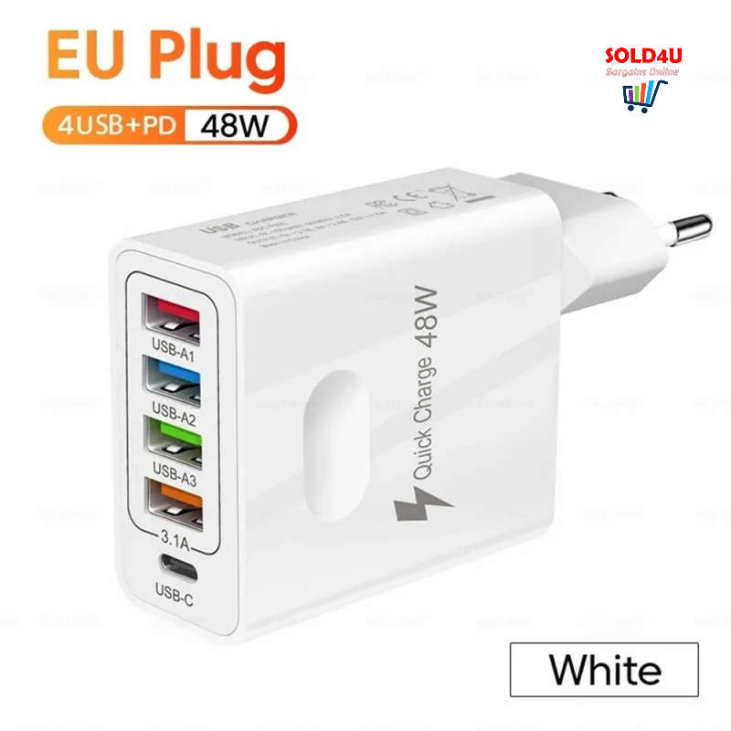 USB C Wall Charger 5 Ports 48 Watts 4XUSB+1XPD18W Fast Charging USB-C Charger TYPE-C Charger