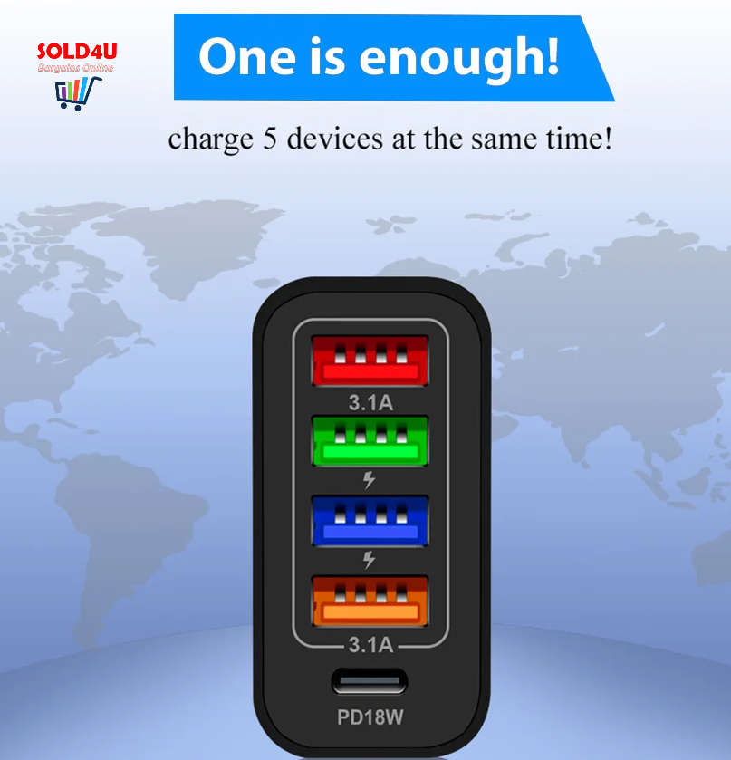 USB C Wall Charger 48W 5 Ports 4XUSB+1XPD18W Fast Charging USB-C Charger TYPE-C Charger