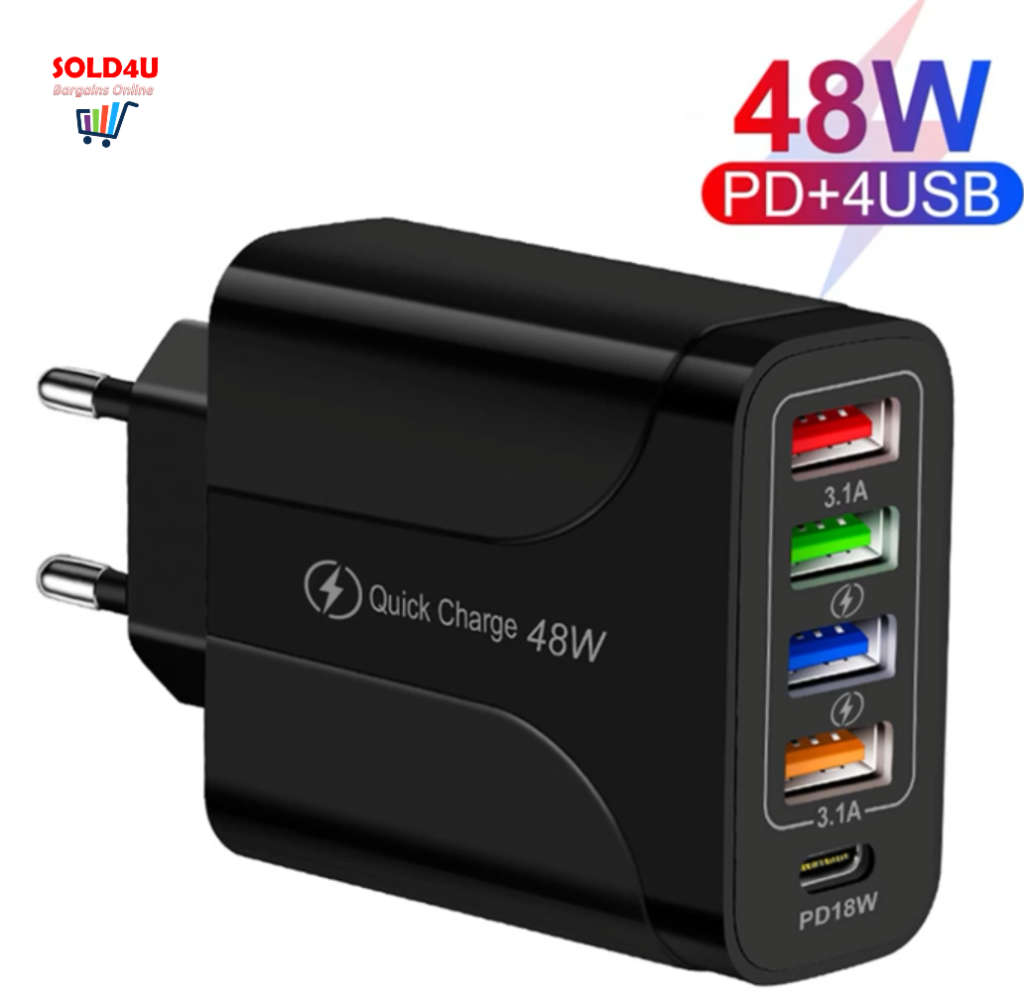 USB C Wall Charger 5 Ports 4XUSB+1XPD18W Fast Charging USB-C Charger TYPE-C Charger 48W