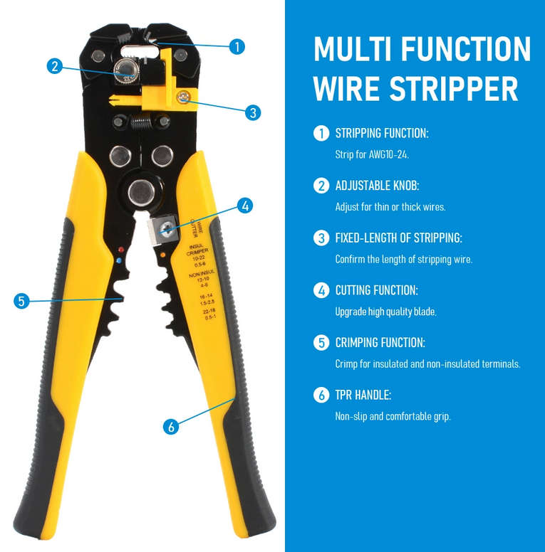 Wire Stripper Automatic - Self Adjusting Multifunctional Wire Stripper, Cutter and Crimper