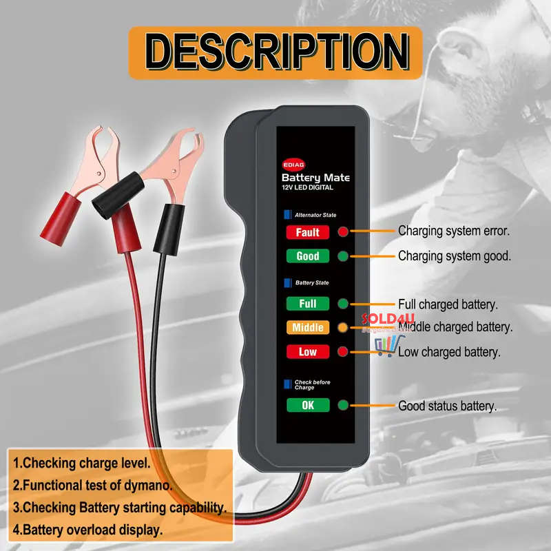 12V Mini Car Battery Tester Digital Alternator Tester 6LED For Motorcycle & Car Auto Battery Tester