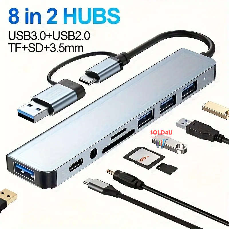 8 in 2 USB-C Adapter Hub Docking Station High Speed USB 3.0/2.0 8 Port USB HUB Card Reader SD TF