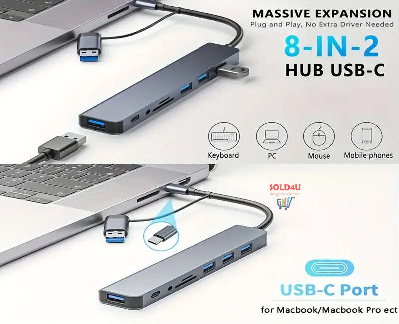 8 in 2 USB-C Adapter Hub Docking Station High Speed USB 3.0/2.0 8 Port USB HUB Card Reader SD TF