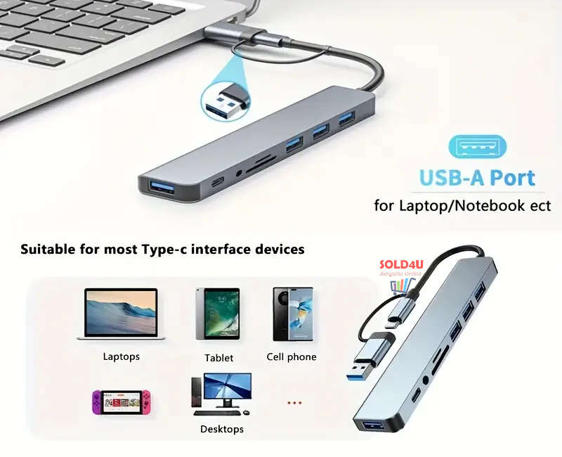 8 in 2 USB-C Adapter Hub Docking Station High Speed USB 3.0/2.0 8 Port USB HUB Card Reader SD TF