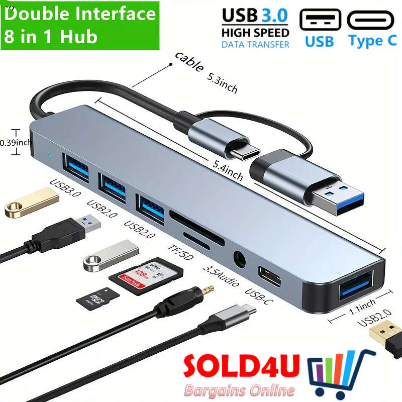 8 in 2 USB-C Adapter Hub Docking Station High Speed USB 3.0/2.0 8 Port USB HUB Card Reader SD TF