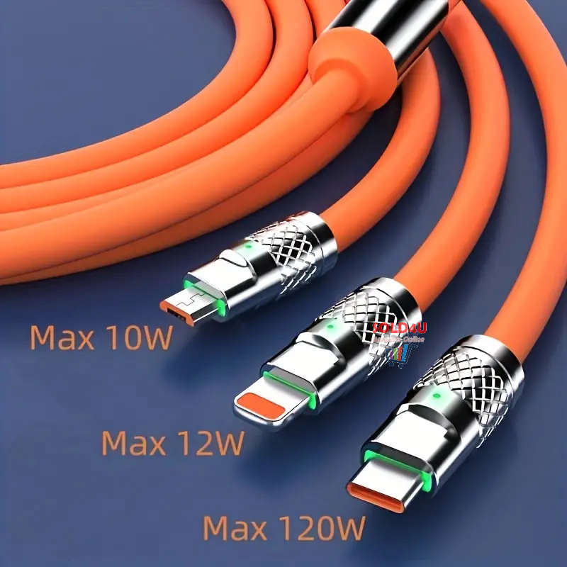 3in1 Super Fast 120w USB Charger Cable Compatible with iPhone Samsung Xiaomi (Random Colours)