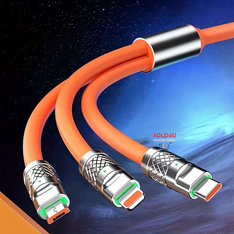 3in1 Super Fast 120w USB Charger Cable Compatible with iPhone Samsung Xiaomi (Random Colours)
