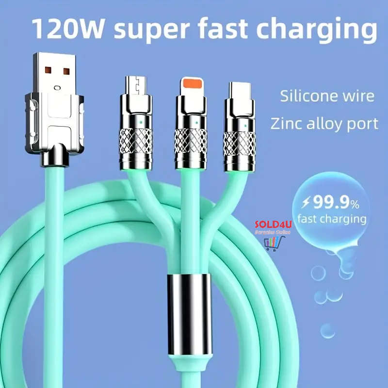 3in1 Super Fast 120w USB Charger Cable Compatible with iPhone Samsung Xiaomi (Random Colours)