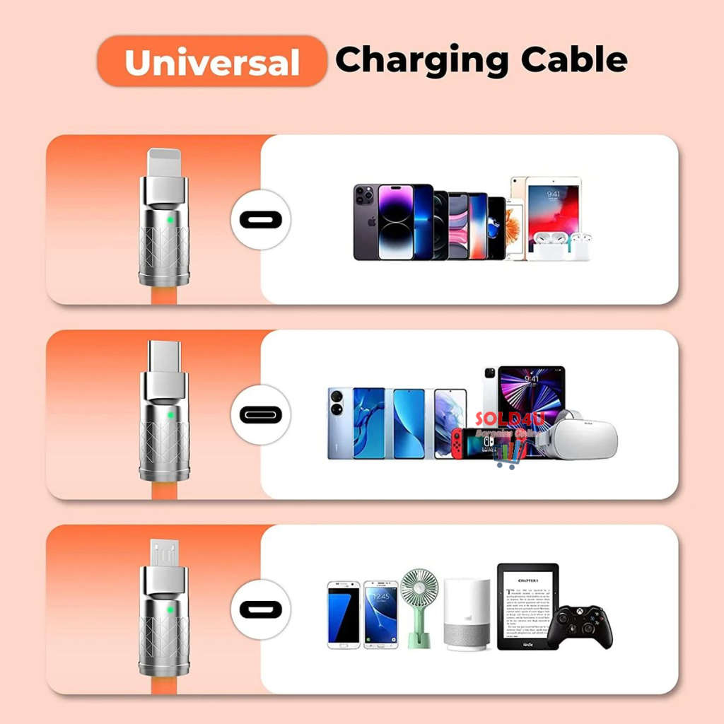 3in1 Super Fast 120w USB Charger Cable Compatible with iPhone Samsung Xiaomi (Random Colours)