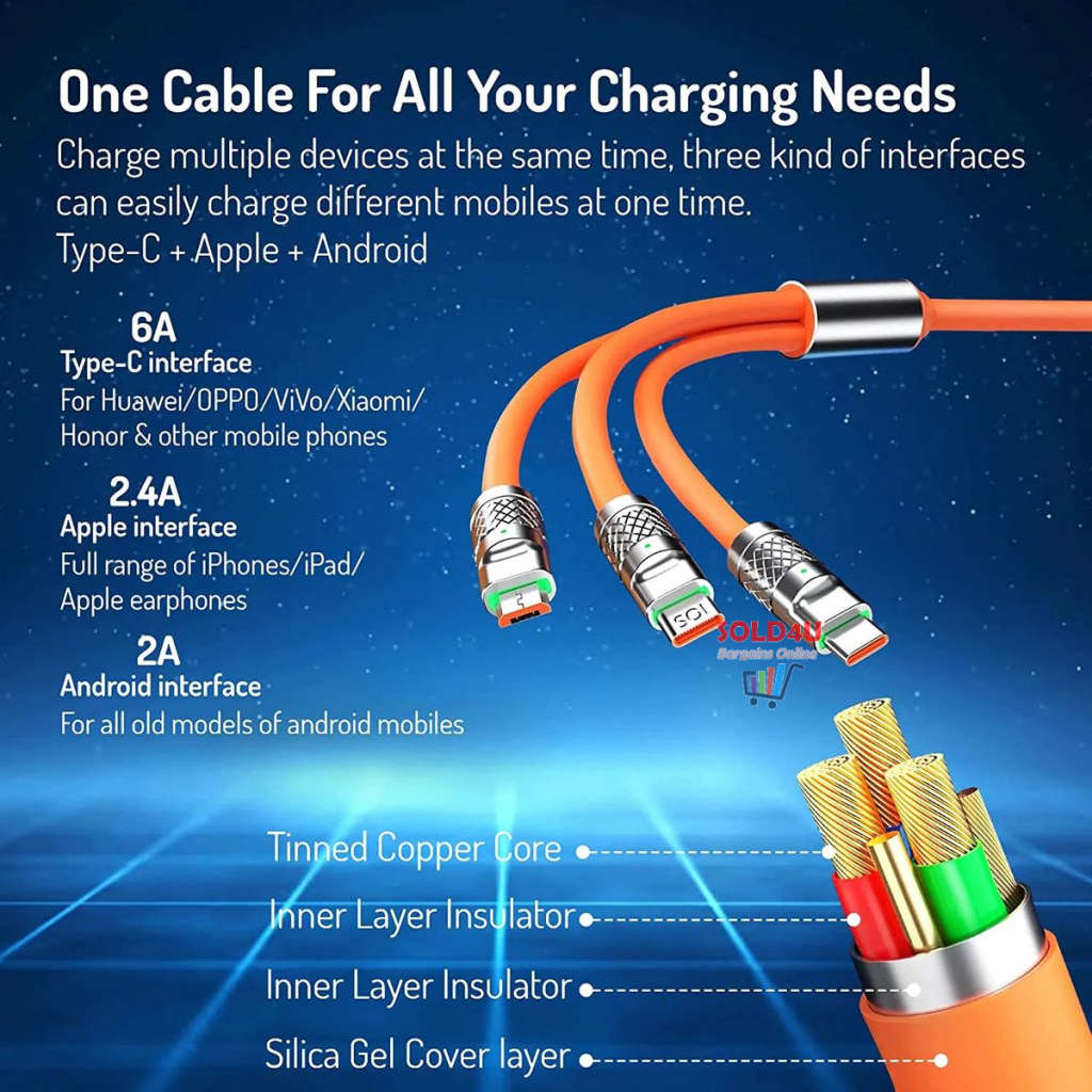3in1 Super Fast 120w USB Charger Cable Compatible with iPhone Samsung Xiaomi (Random Colours)