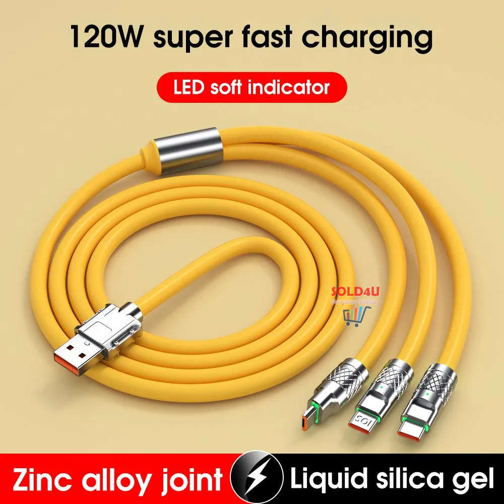 3in1 Super Fast 120w USB Charger Cable Compatible with iPhone Samsung Xiaomi (Random Colours)
