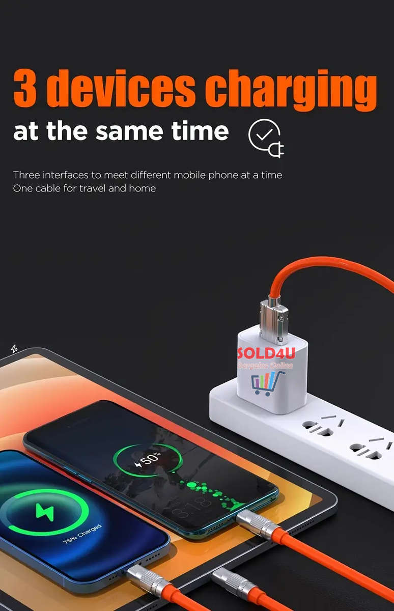 3in1 Super Fast 120w USB Charger Cable Compatible with iPhone Samsung Xiaomi (Random Colours)