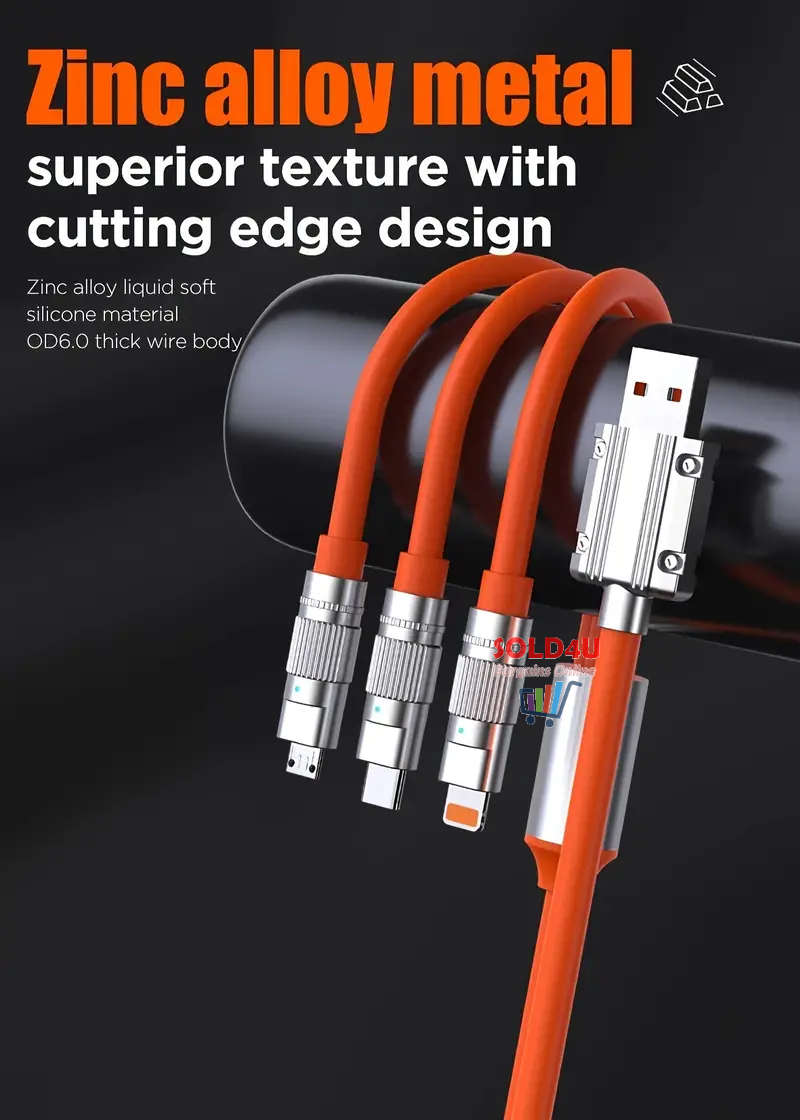 3in1 Super Fast 120w USB Charger Cable Compatible with iPhone Samsung Xiaomi (Random Colours)