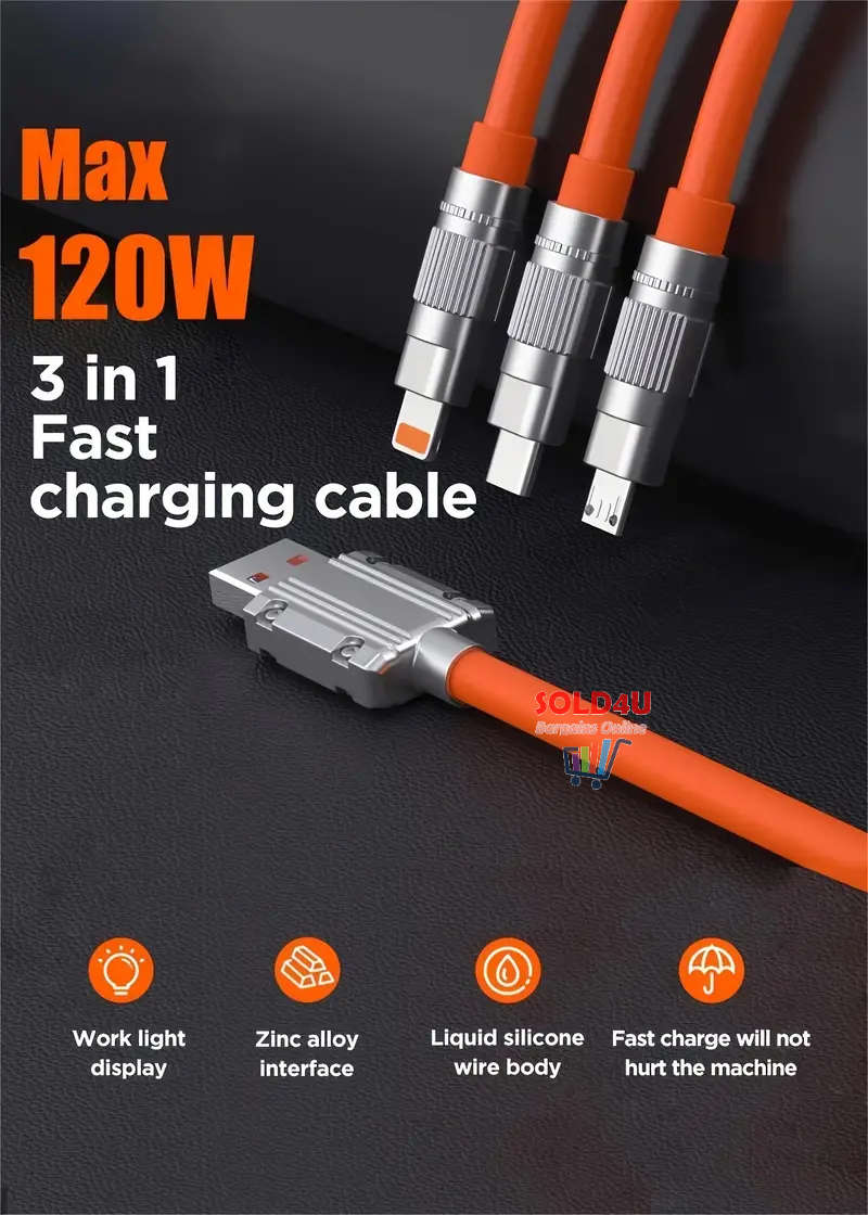 3in1 Super Fast 120w USB Charger Cable Compatible with iPhone Samsung Xiaomi (Random Colours)