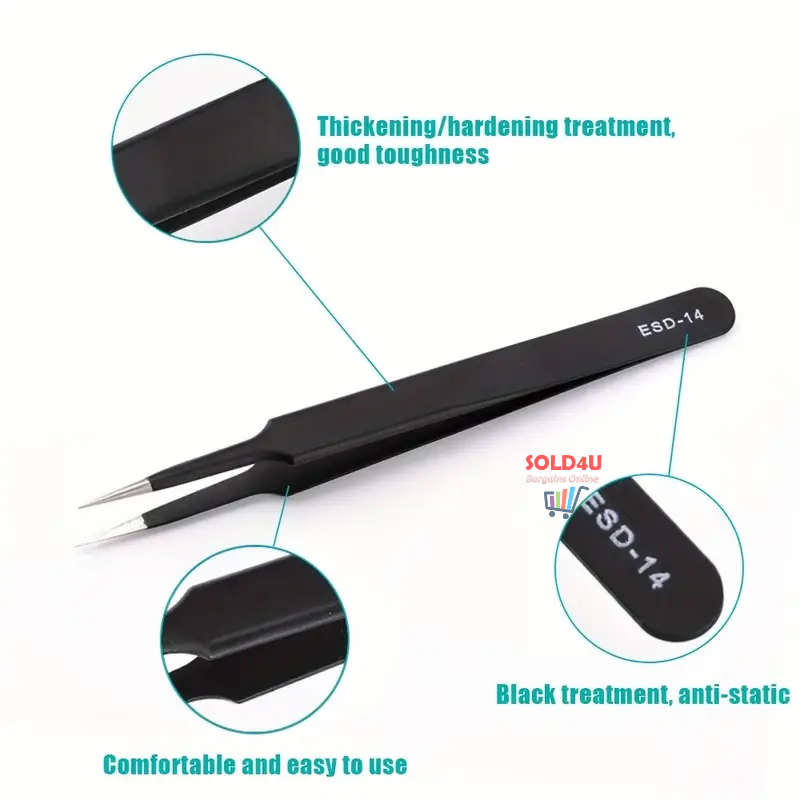 6pcs Precision Long Tweezers Set ESD Anti-Static Stainless Steel Tweezers Repair Tools