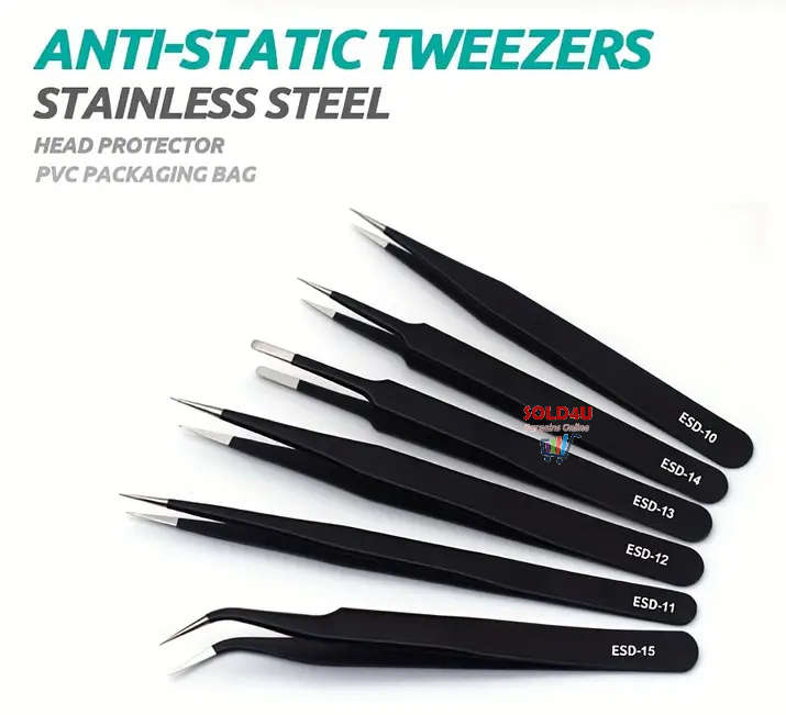 6pcs Precision Long Tweezers Set ESD Anti-Static Stainless Steel Tweezers Repair Tools