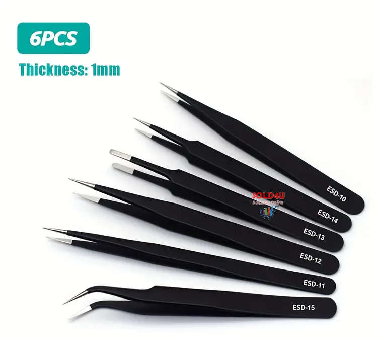 6pcs Precision Long Tweezers Set ESD Anti-Static Stainless Steel Tweezers Repair Tools