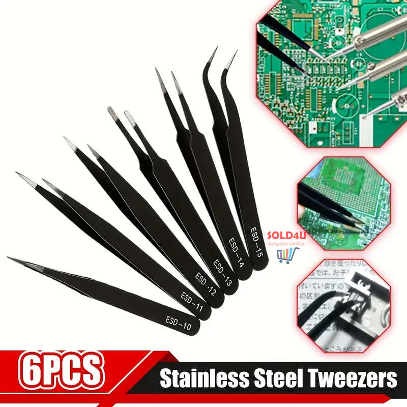 6pcs Precision Long Tweezers Set ESD Anti-Static Stainless Steel Tweezers Repair Tools