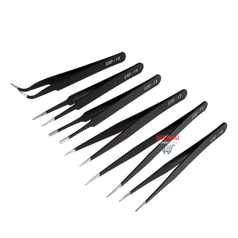 6pcs Precision Long Tweezers Set ESD Anti-Static Stainless Steel Tweezers Repair Tools
