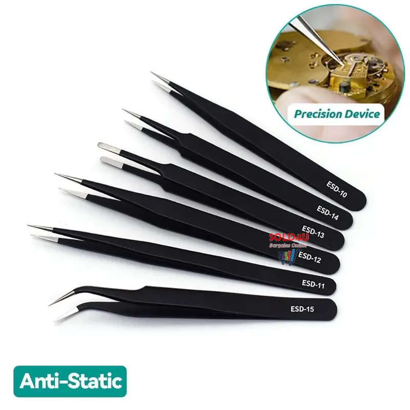 6pcs Precision Long Tweezers Set ESD Anti-Static Stainless Steel Tweezers Repair Tools