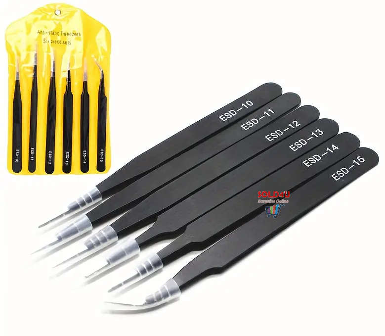 6pcs Precision Long Tweezers Set ESD Anti-Static Stainless Steel Tweezers Repair Tools