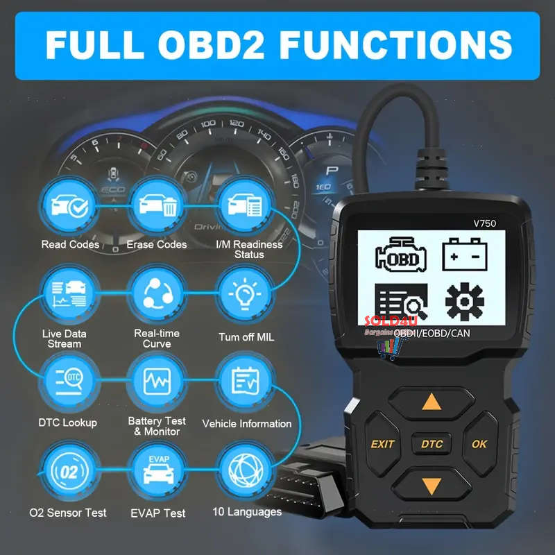 V750 2.4 inch Big Screen Car Fault Detector Code Reader OBD2 Scanner Diagnostic Tool Car Since 1996