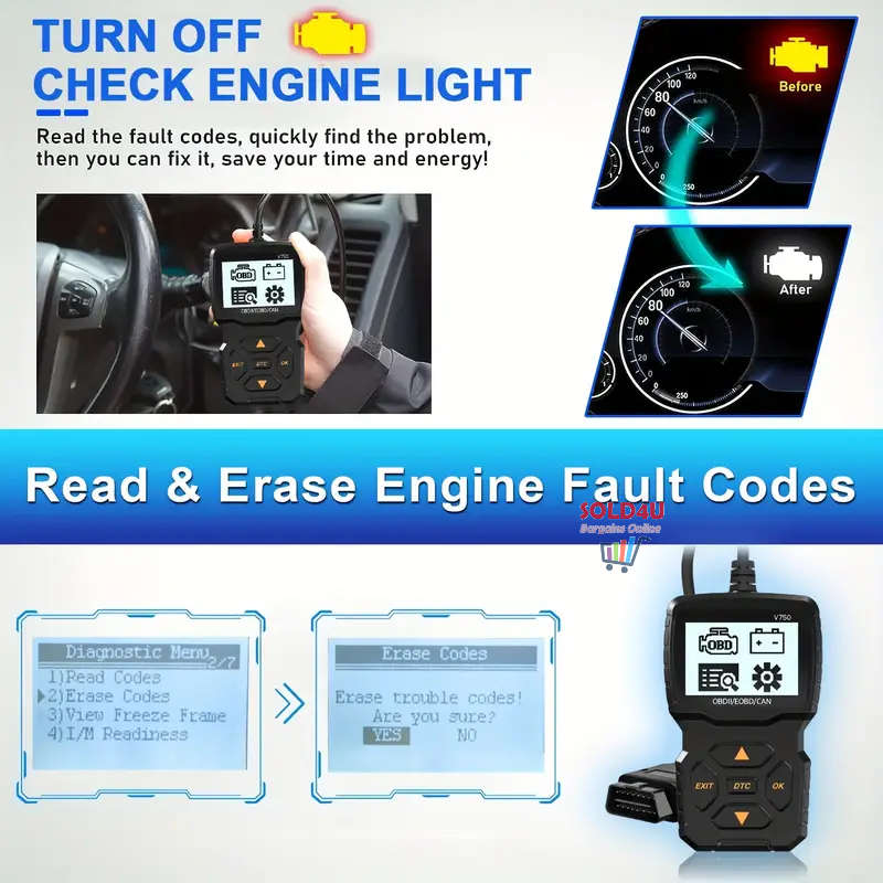 V750 2.4 inch Big Screen Car Fault Detector Code Reader OBD2 Scanner Diagnostic Tool Car Since 1996