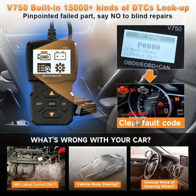 V750 2.4 inch Big Screen Car Fault Detector Code Reader OBD2 Scanner Diagnostic Tool Car Since 1996