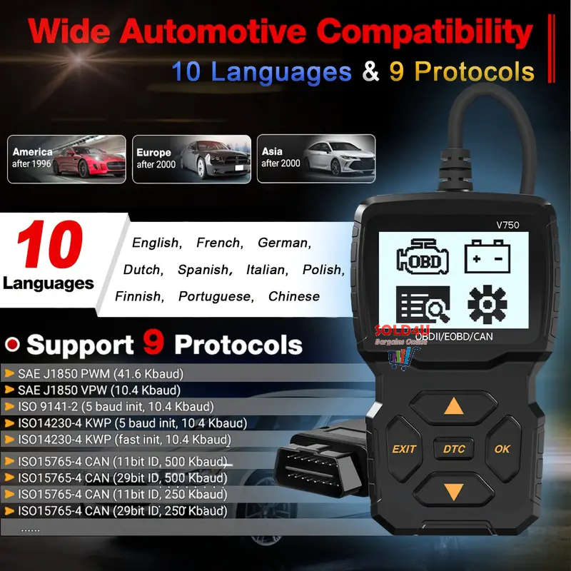 V750 2.4 inch Big Screen Car Fault Detector Code Reader OBD2 Scanner Diagnostic Tool Car Since 1996