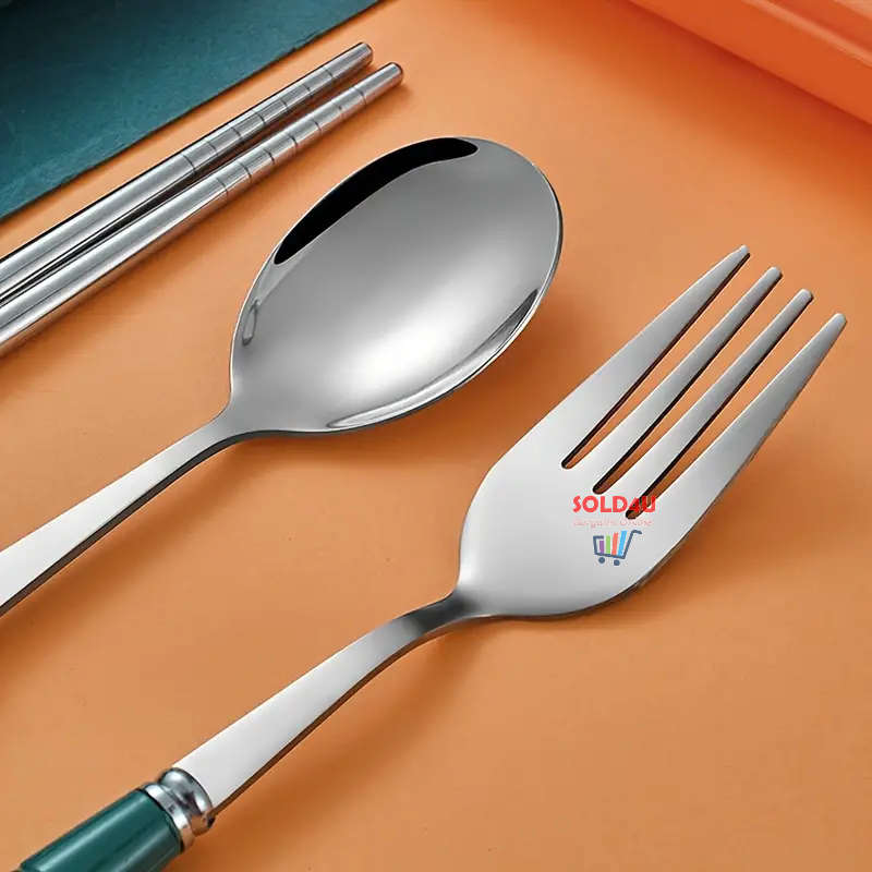 3pc set BLUE Portable Cutlery Set Kitchen Fork Chopsticks Spoon Stainless Steel Tableware 3 Piece