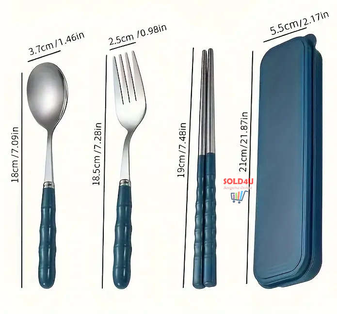 3pc set BLUE Portable Cutlery Set Kitchen Fork Chopsticks Spoon Stainless Steel Tableware 3 Piece