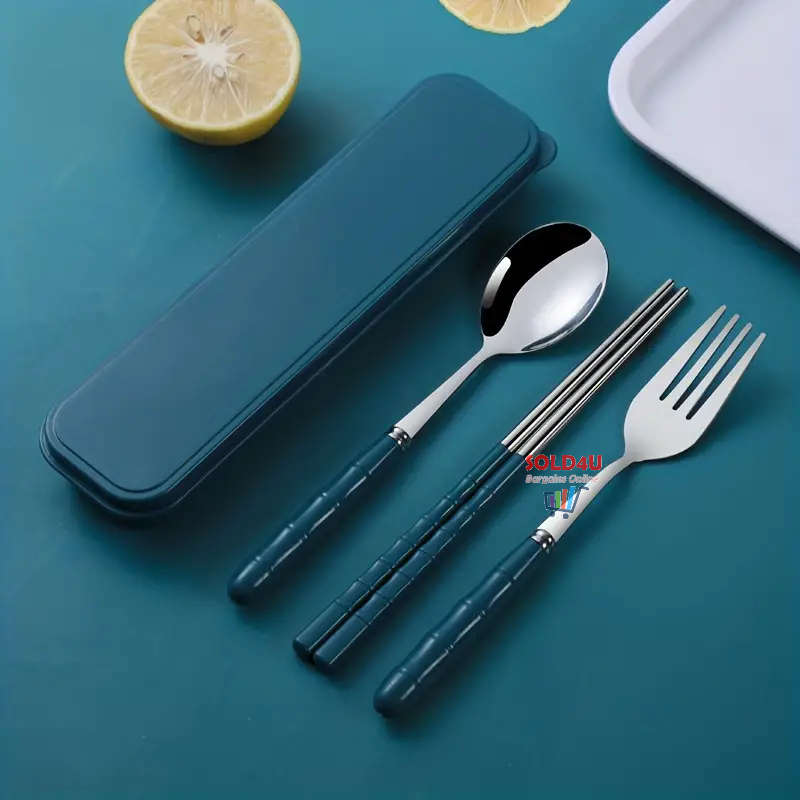 3pc set BLUE Portable Cutlery Set Kitchen Fork Chopsticks Spoon Stainless Steel Tableware 3 Piece