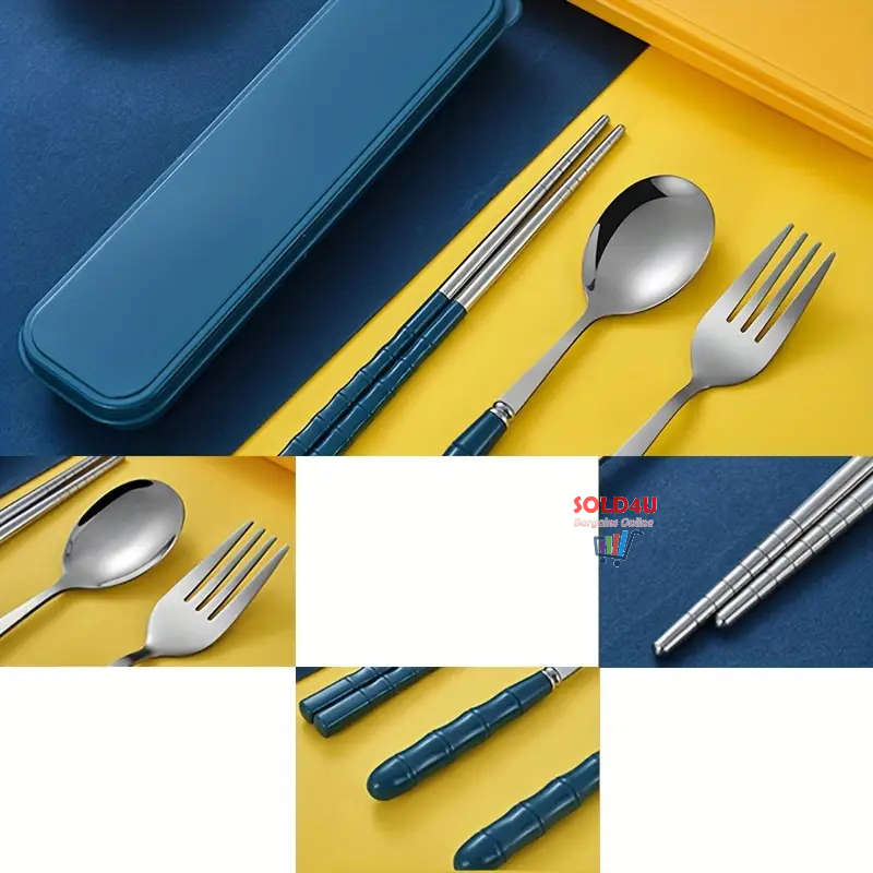 3pc set BLUE Portable Cutlery Set Kitchen Fork Chopsticks Spoon Stainless Steel Tableware 3 Piece