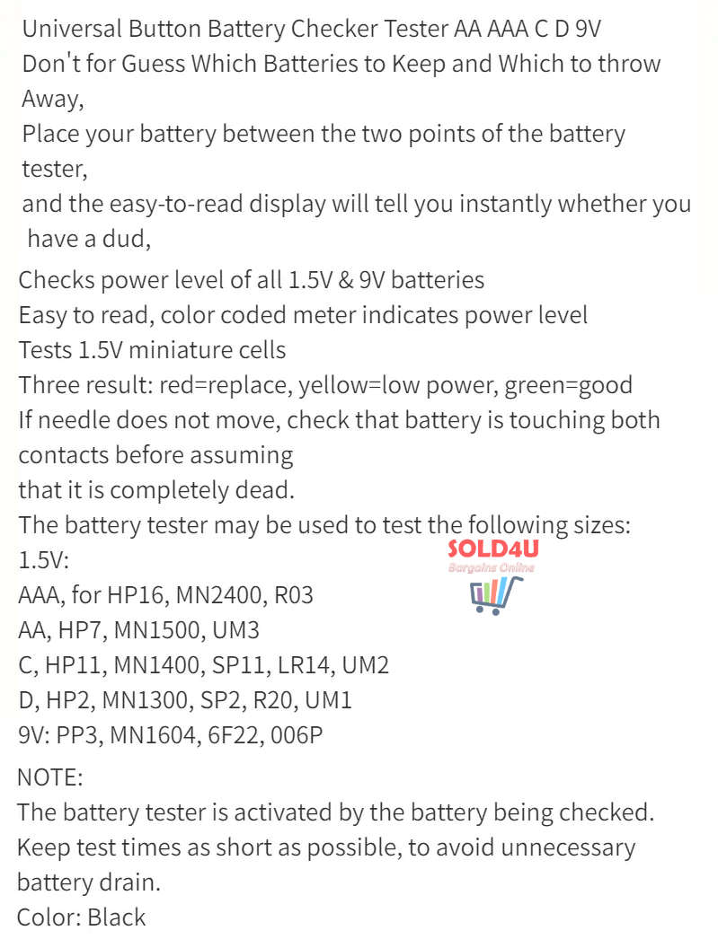 Universal Battery Tester - Quickly Check AA/AAA/C/D/9V/1.5V Batteries  BT168