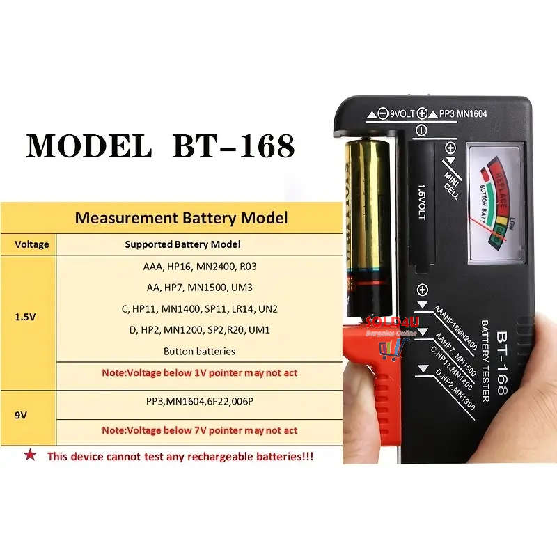 Universal Battery Tester - Quickly Check AA/AAA/C/D/9V/1.5V Batteries  BT168