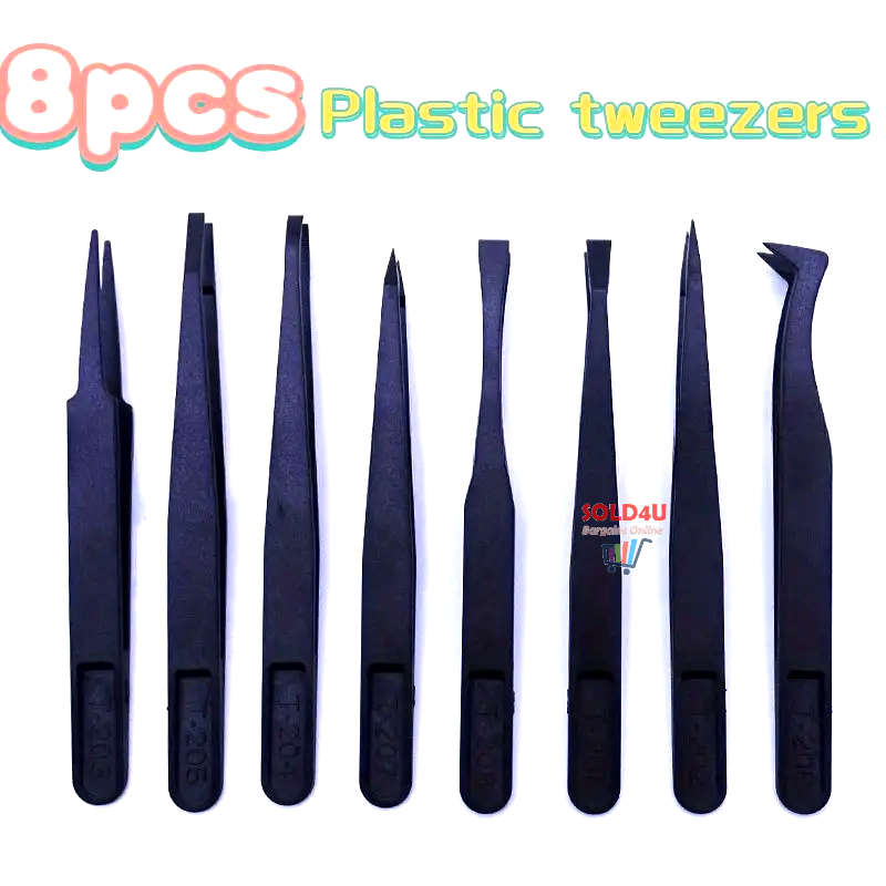 8pcs Tweezer SET Black Carbon Fiber Plastic Tweezers Repair Accessories Set Tools