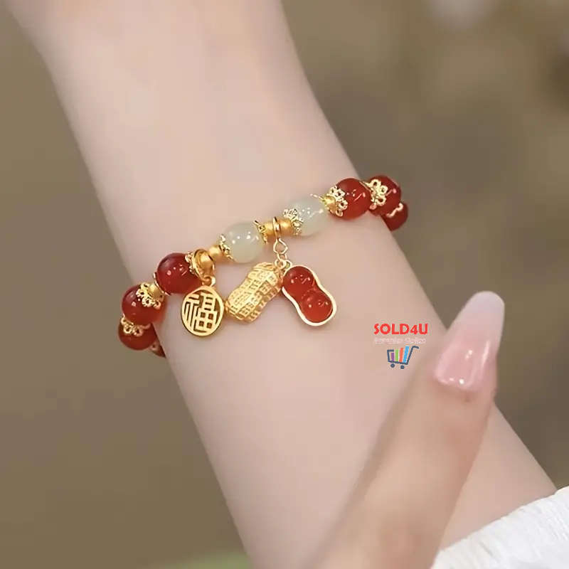 Red Faux Jade Beads Elegant Hand String Lucky Peanut Pendant Fu Brand Girls Bracelet