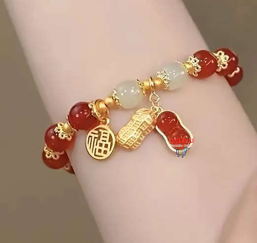 Red Faux Jade Beads Elegant Hand String Lucky Peanut Pendant Fu Brand Girls Bracelet