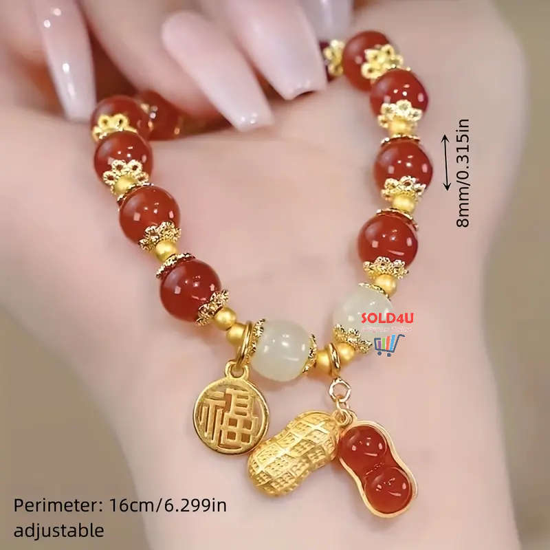 Red Faux Jade Beads Elegant Hand String Lucky Peanut Pendant Fu Brand Girls Bracelet